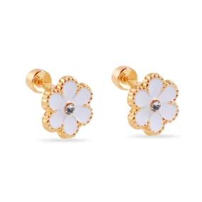 14E00447-WHITE - 14 Karat White Flower Enamel 8.5mm Clear CZ Screw Back Earrings