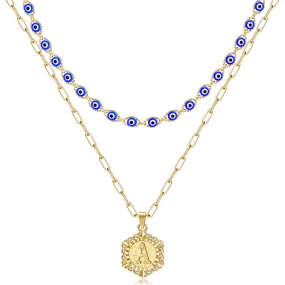 14K Gold Layered Evil Eye Initial Necklaces for Women