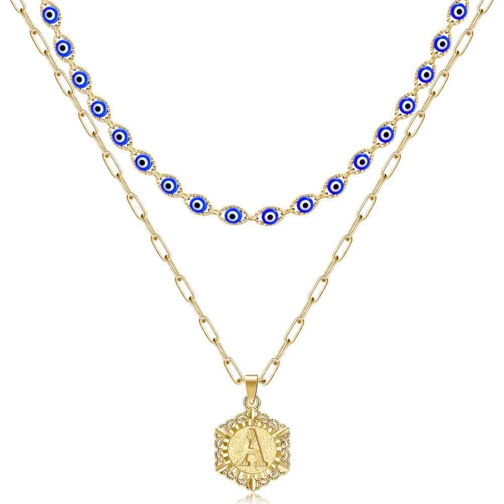 14K Gold Layered Evil Eye Initial Necklaces for Women