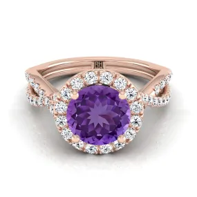 14K Rose Gold Round Brilliant Amethyst  Twisted Scalloped Pavé Diamonds Halo Engagement Ring -1/2ctw