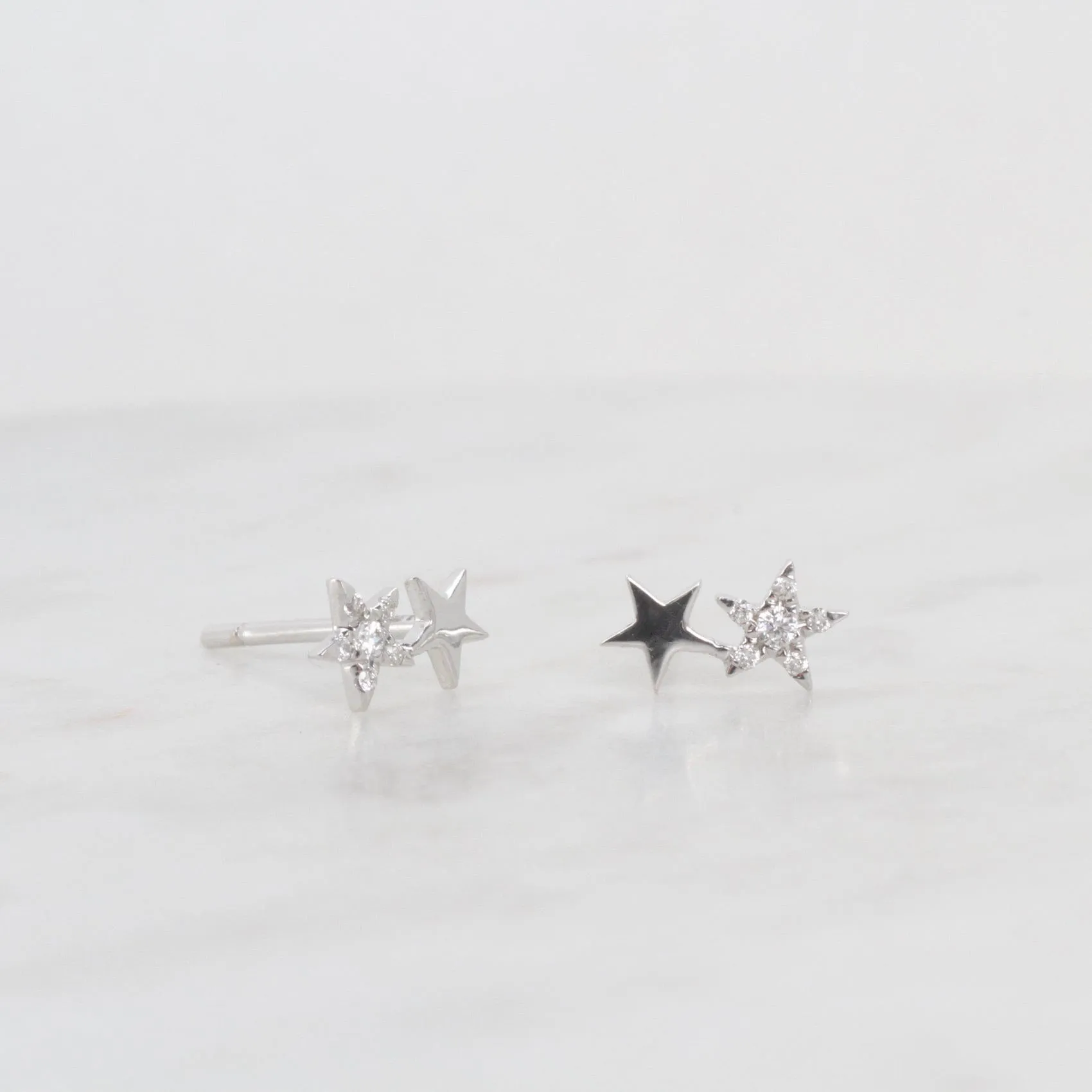 14k White Gold Pavé Diamond Petite Double Star Post Earrings