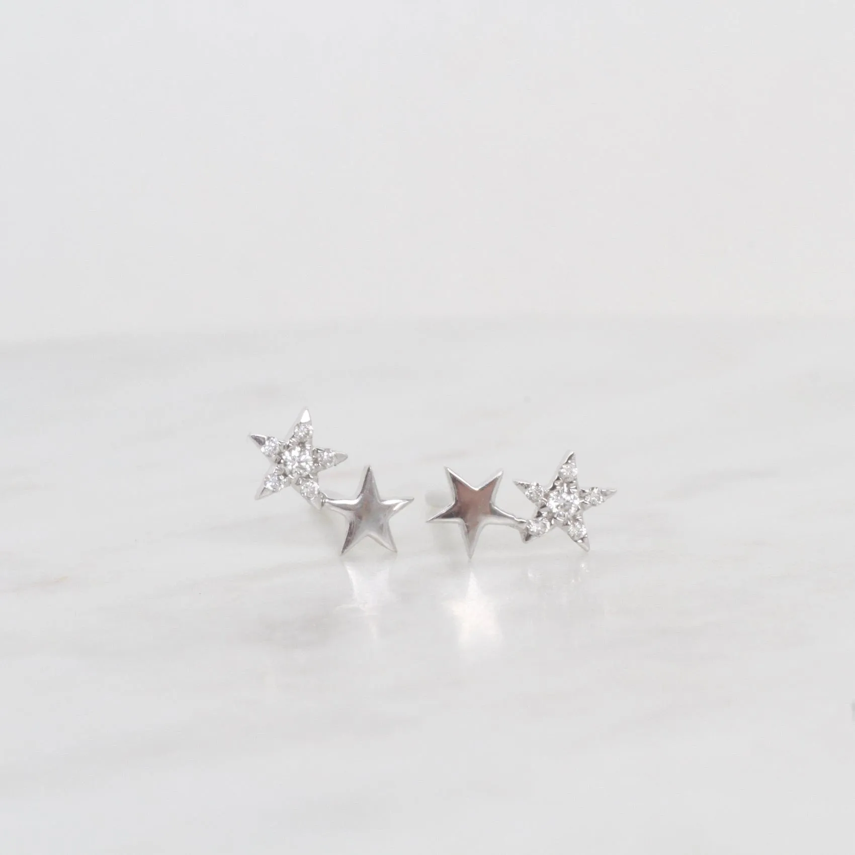 14k White Gold Pavé Diamond Petite Double Star Post Earrings