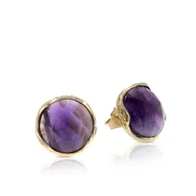 14K Yellow Gold Round Purple Amethyst 12mm Stud Earrings