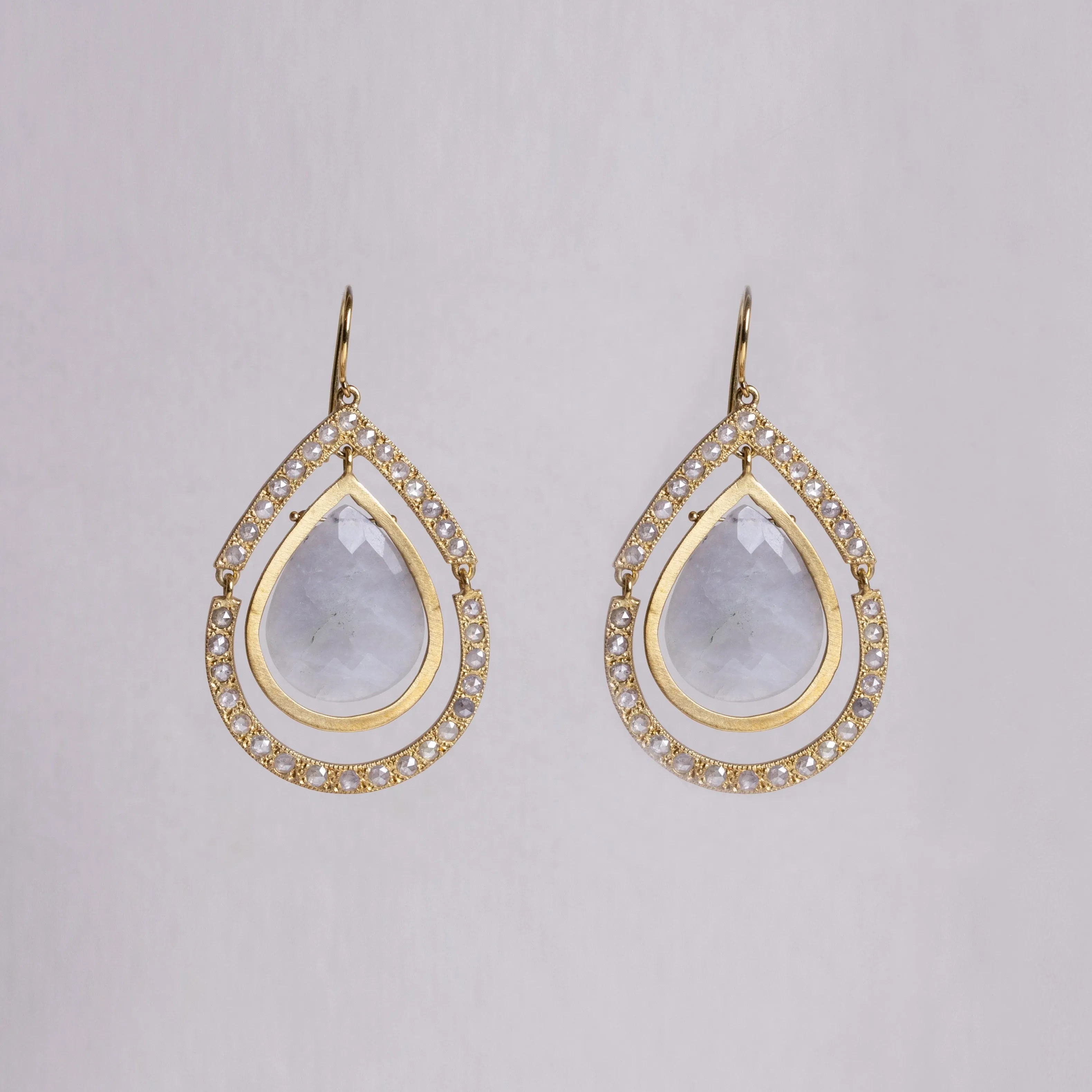 18ct Gold Drop Earrings with Diamonds and Grey Quartz