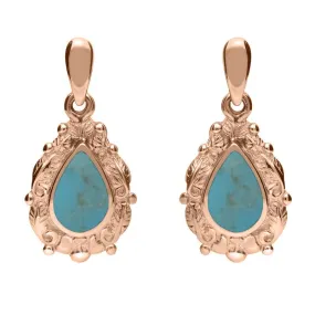 18ct Rose Gold Turquoise Pear Shaped Leaf Drop Earrings