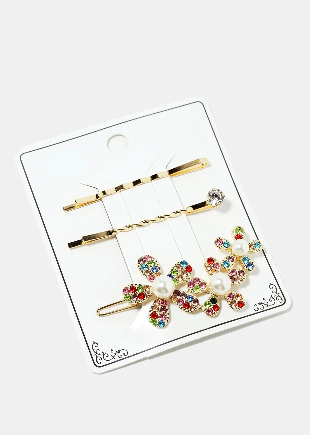 3-Piece Sparkly Flower & Pearl Hairpins