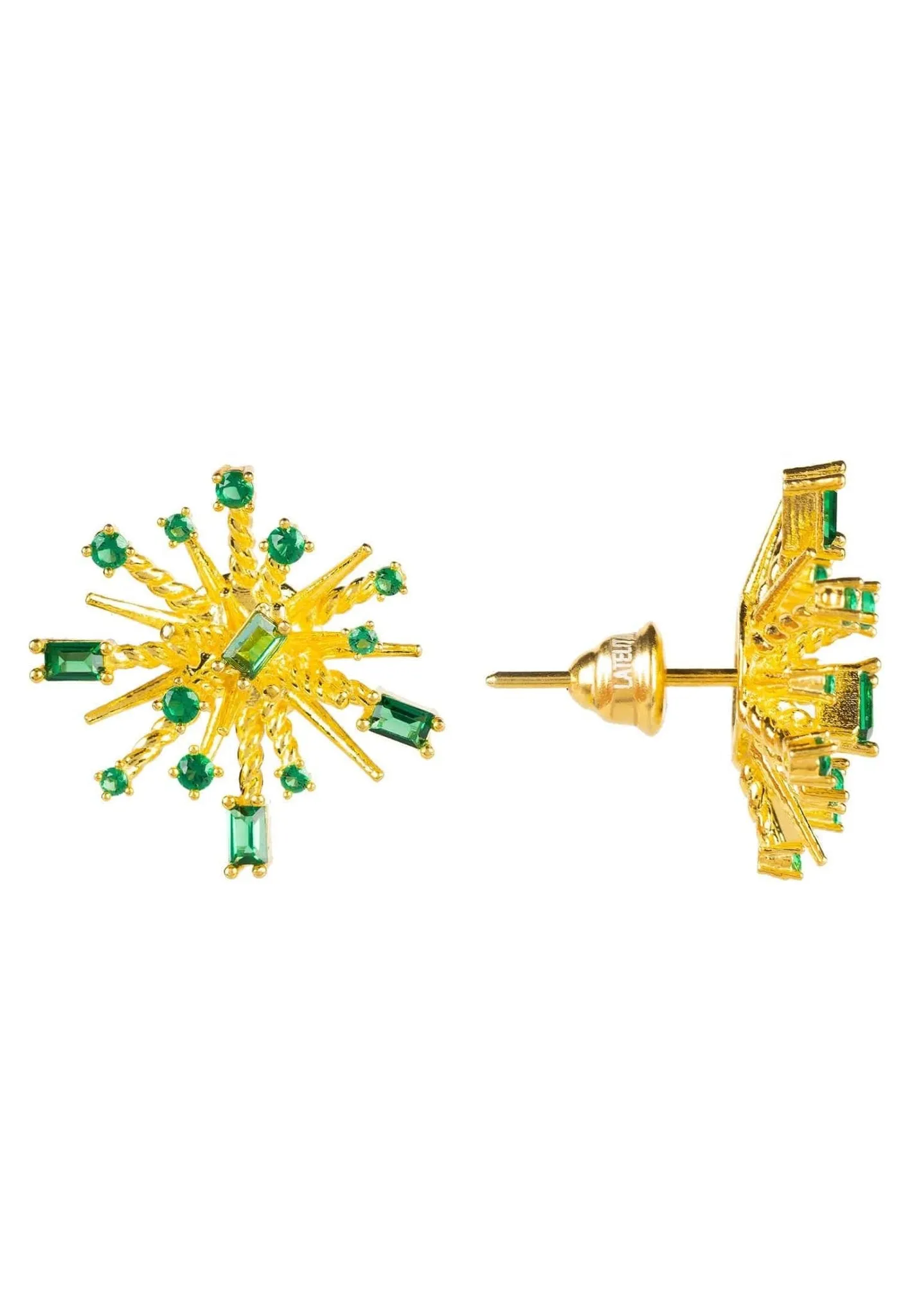 Cosmic Bang Baguette Cz Stud Earrings Green Cz Gold