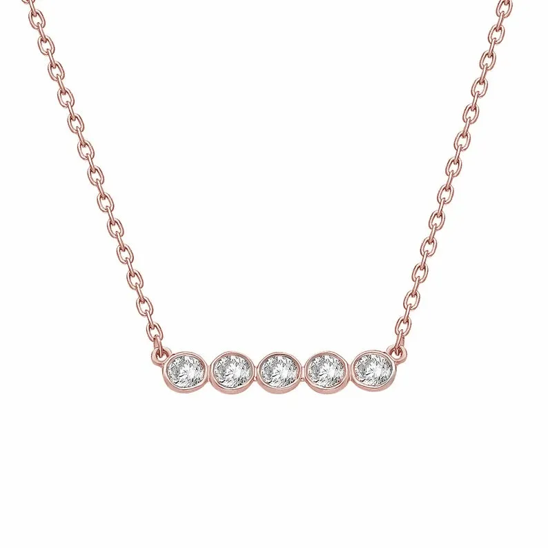 Diamond Bezel Bar Necklace, 14k (5 stones)