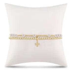 Hope-Inspired Pearl Bracelet Stack with Signature Gold Cross Charm