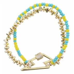 KIDS YELLOW, TURQUOISE & GOLD 2 STRAND STRETCH WITH LIGHTENING BOLT CARABINER BRACELET