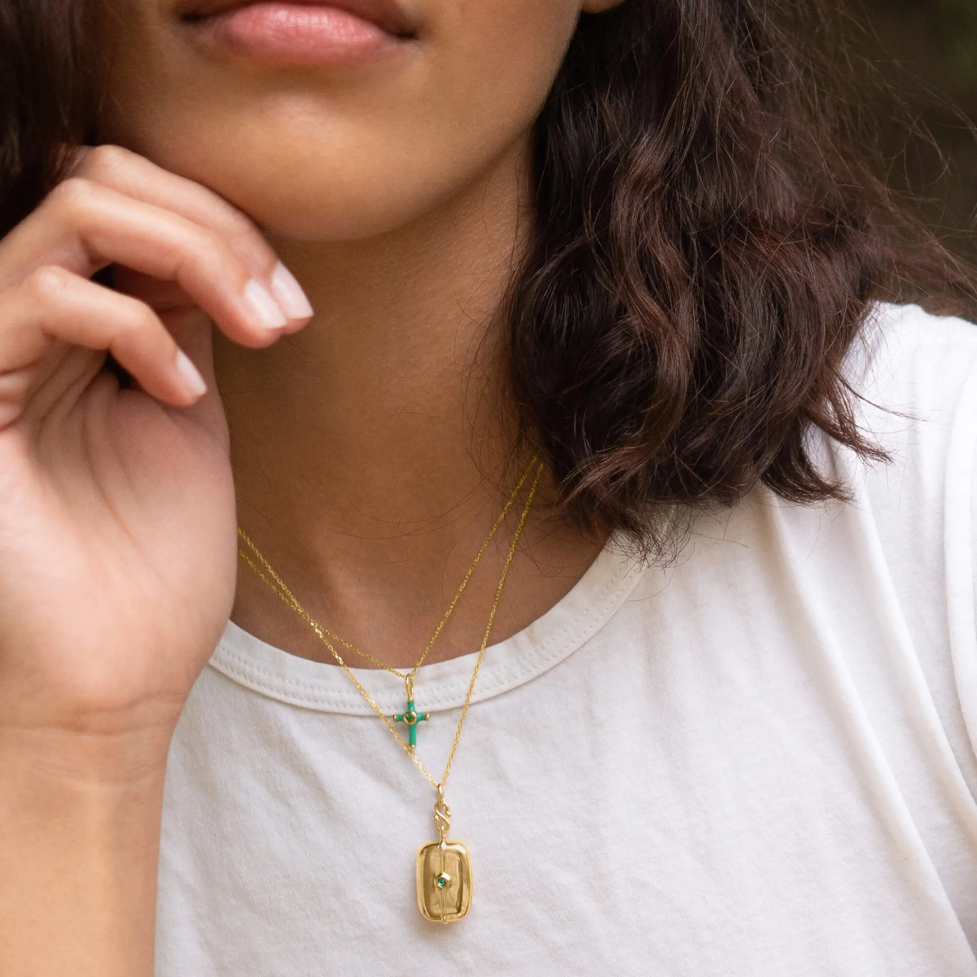 Slim "Skye" Gold Locket Necklace with Emerald