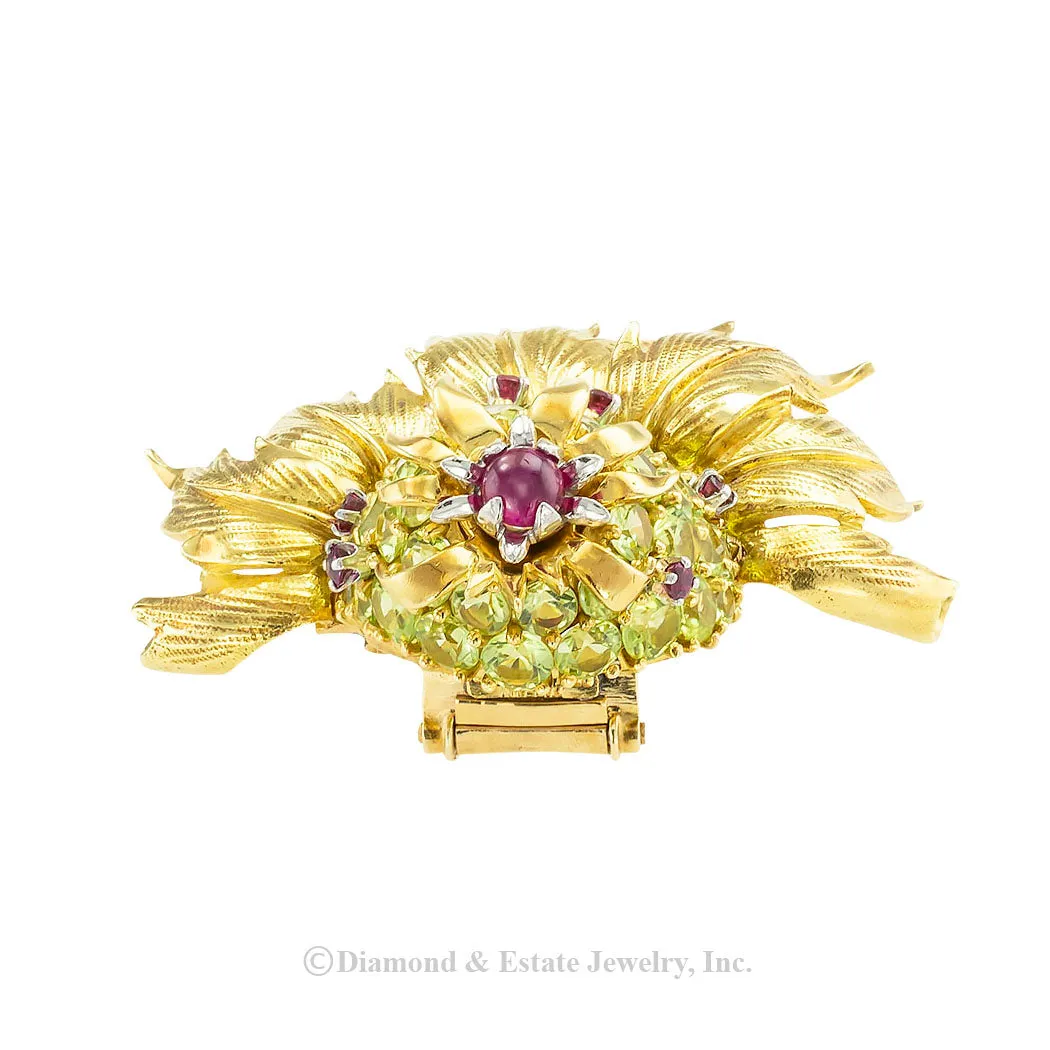 Tiffany Schlumberger Thistle Clip Brooch Peridot Ruby Yellow Gold