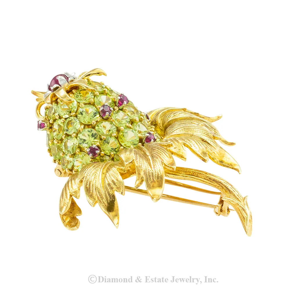 Tiffany Schlumberger Thistle Clip Brooch Peridot Ruby Yellow Gold