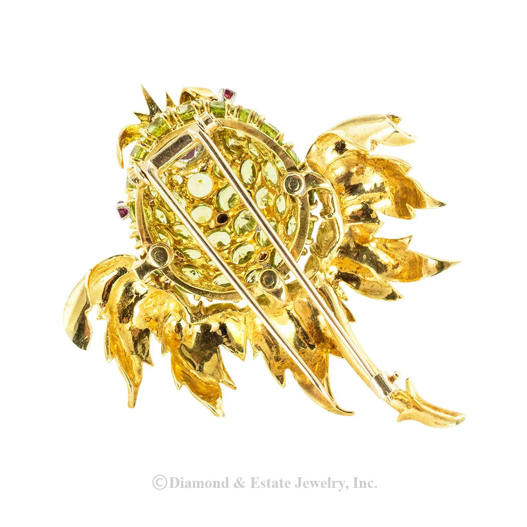 Tiffany Schlumberger Thistle Clip Brooch Peridot Ruby Yellow Gold