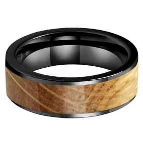 Whiskey Barrel Oak Flat Inlay Wedding Ring in Black Tungsten (8mm)